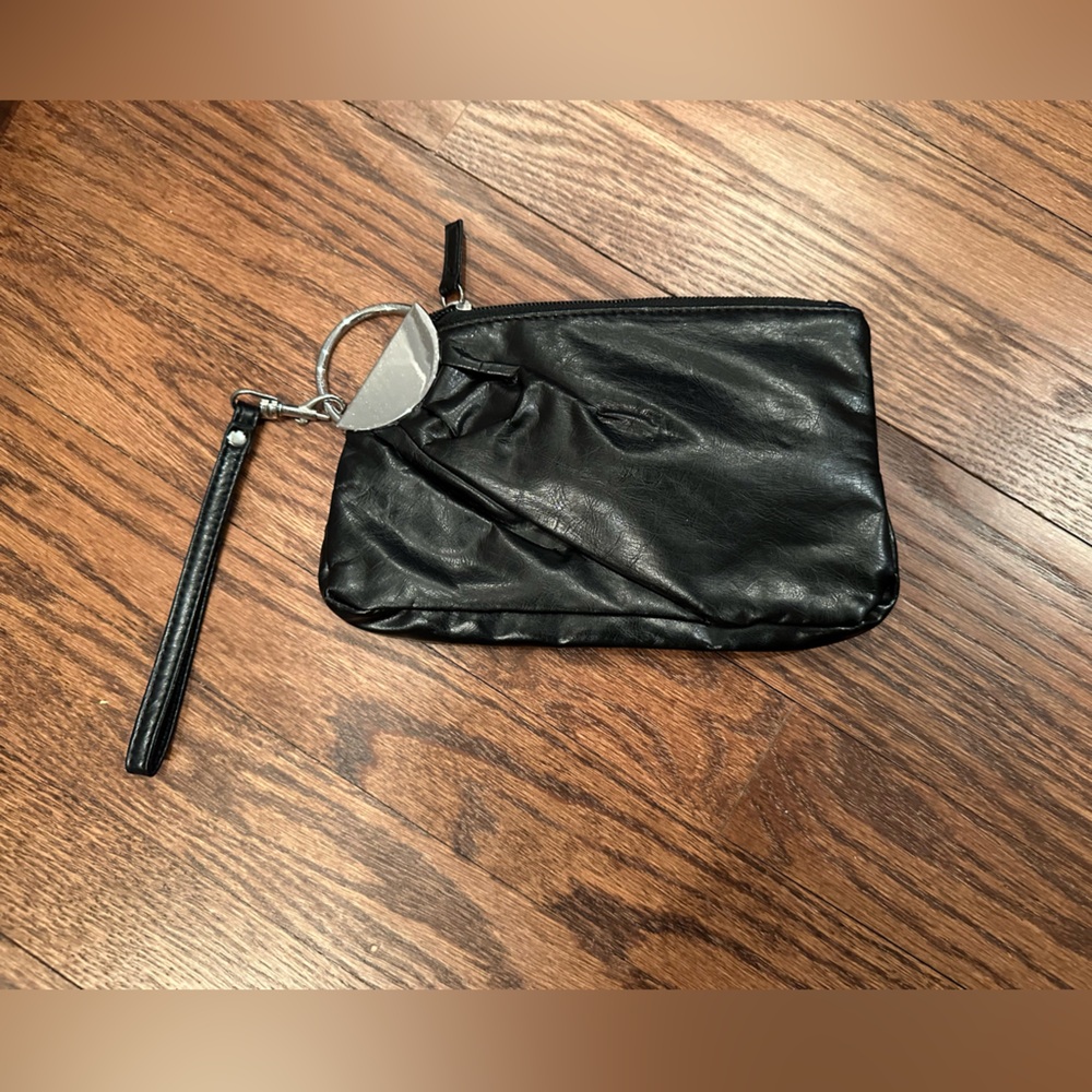 Black Gathered Faux Leather Wristlet with Silver Colored Hardware